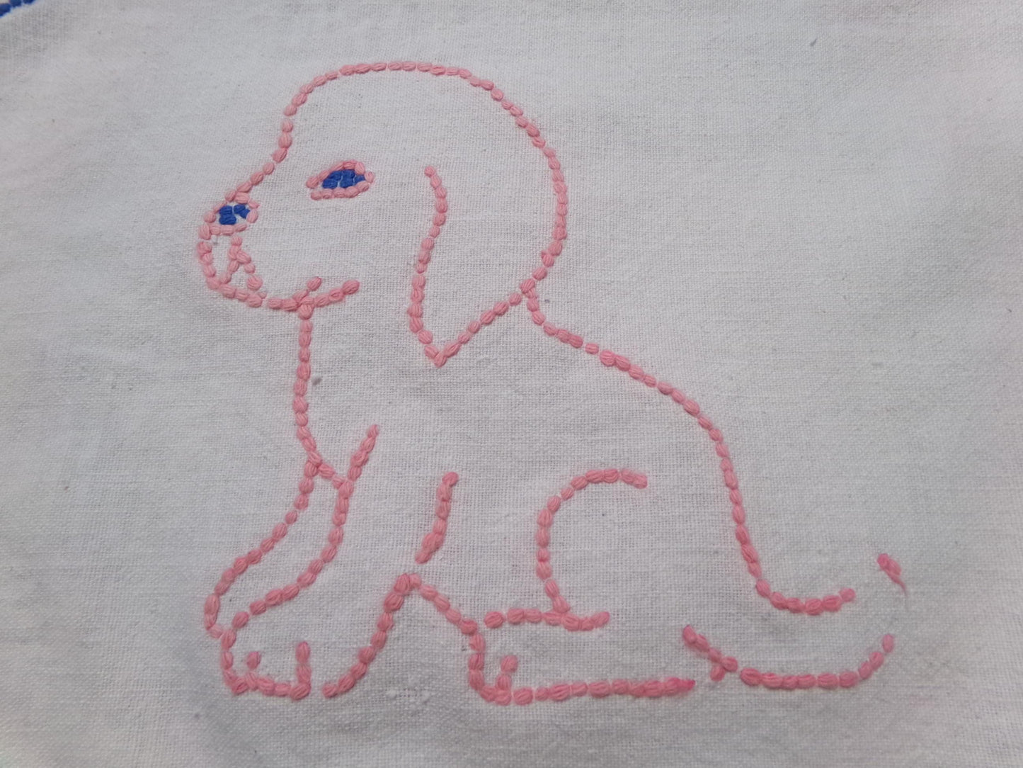 Pink Puppy Dog Vintage Chenille Fabric, Pair of Puppies on Cotton Feedsack, 12" x 26" Piece
