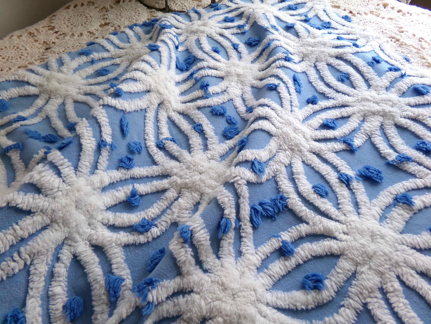 serene blue & white vintage chenille fabric, 19" x 23" cotton quilt material