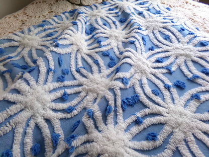 serene blue & white vintage chenille fabric, 19" x 23" cotton quilt material