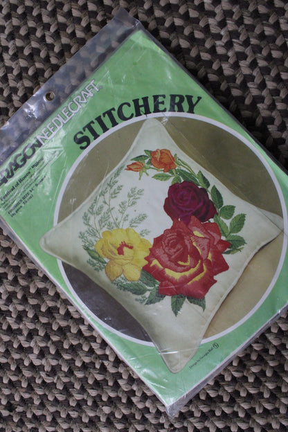 Crewel FESTIVAL OF ROSES Pillow Kit, Paragon Needlecraft Stitchery Kit #0857, Finishes 14" inch Square, Design by Georgia Ball 1978