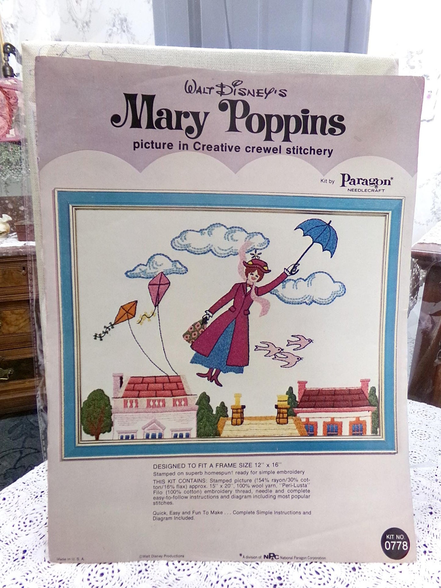 Mary Poppins Vintage Crewel Embroidery Kit Paragon Needlecraft 0778 Whimsical Walt Disney