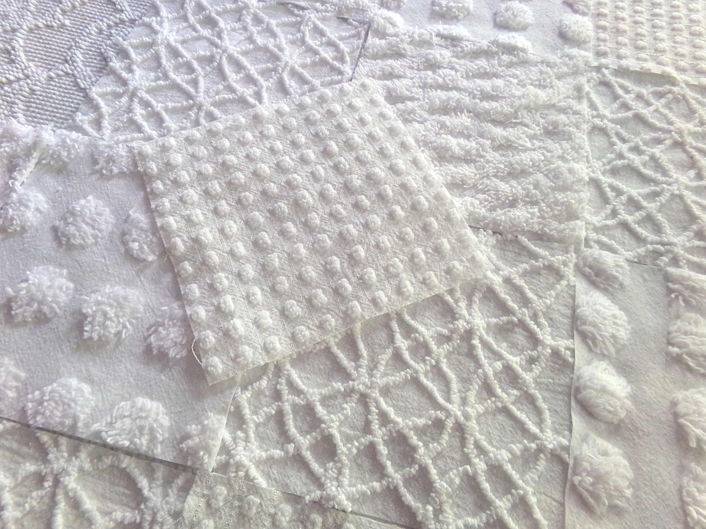 Snow White 6" Chenille Fabric Squares, Set of 16 Quilt Blocks, Classic Dots, Pops, Diamond patterns cut from vintage chenille bedspreads