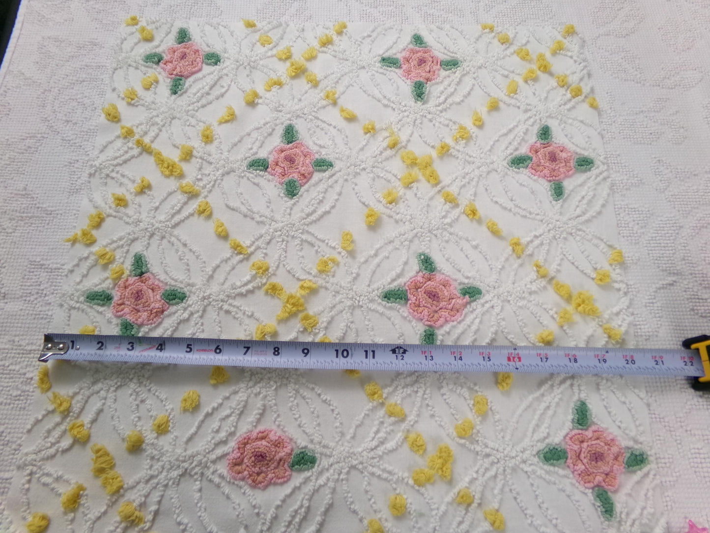 Pink Rose Vintage Chenille Bedspread Fabric, cottage chic sewing craft quilt material, 20" x 20" piece
