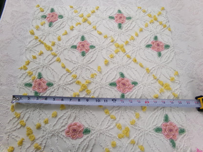 Pink Rose Vintage Chenille Bedspread Fabric, cottage chic sewing craft quilt material, 20" x 20" piece