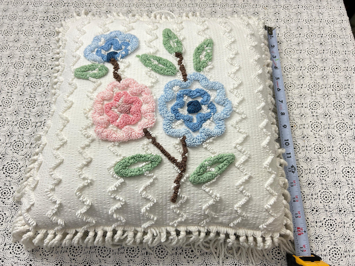 Vintage Floral Chenille Pillow Cover, Shabby Chic Reversible 16" Square Design