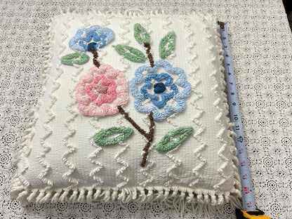 Vintage Floral Chenille Pillow Cover, Shabby Chic Reversible 16" Square Design