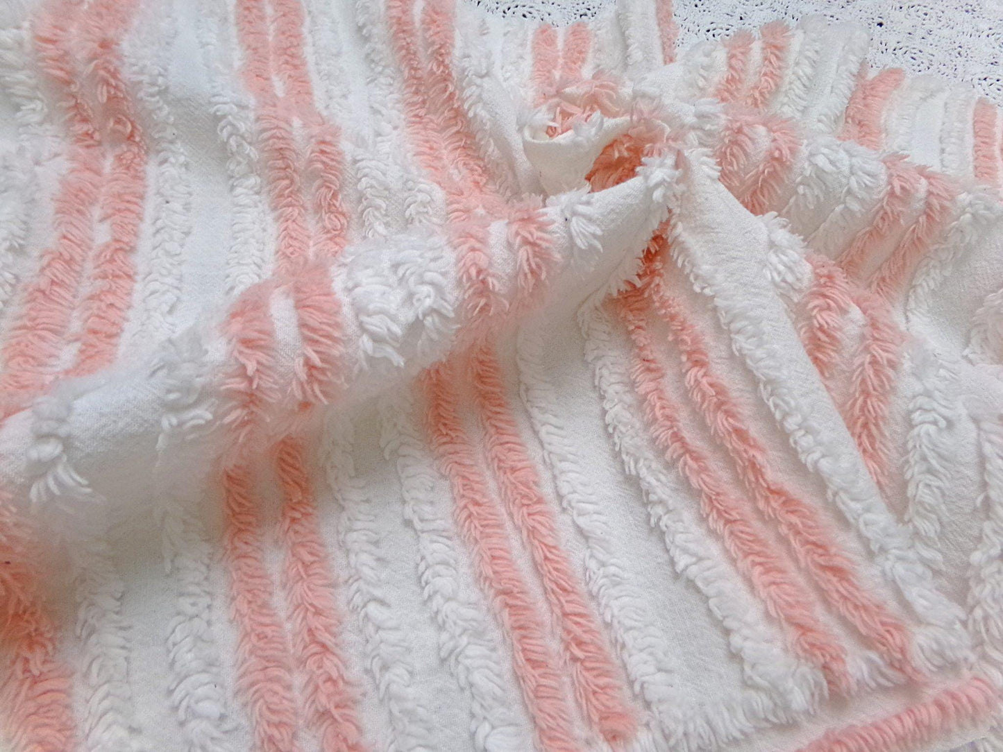 vintage chenille bedspread fabric summer peach white stripes 15.5x29" piece