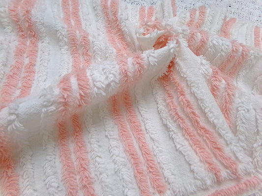 vintage chenille bedspread fabric summer peach white stripes 15.5x29" piece