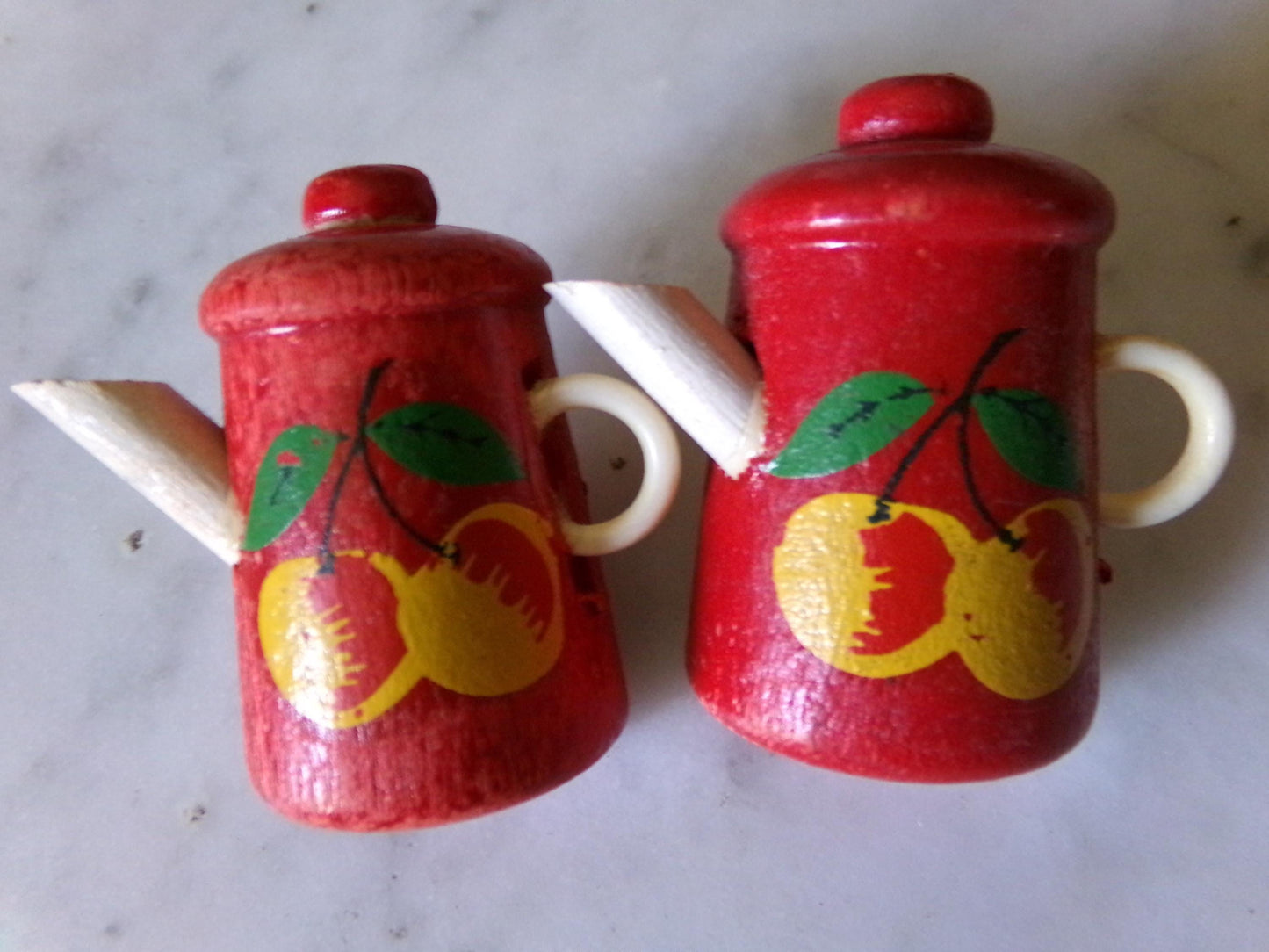 vintage curtain pinbacks pushpins, MCM 1940s wood coffee pot with cherries