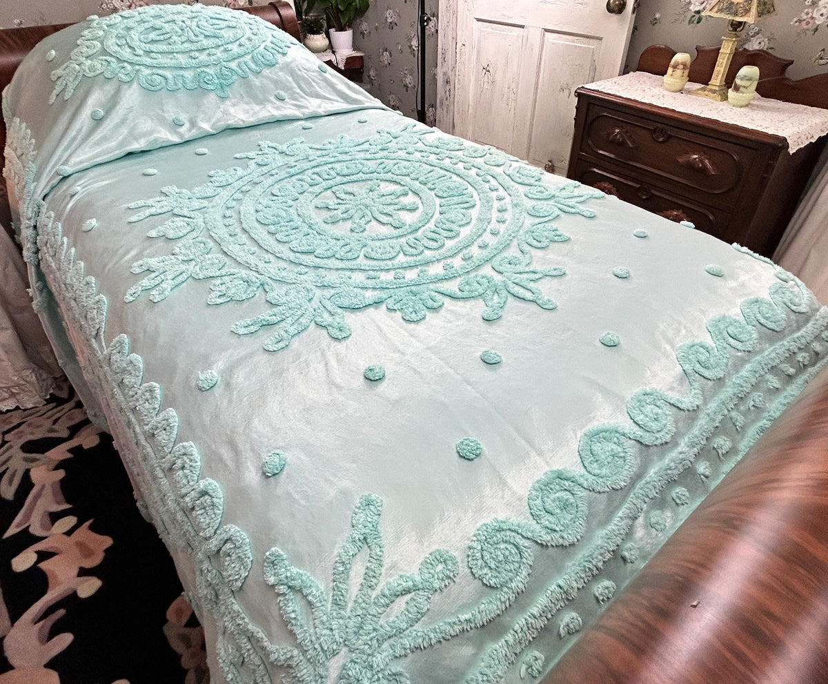 Seafoam Vintage Satin Bedspread Aqua Glamour Tufted Chenille Full Sz