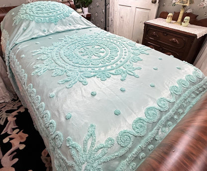 Seafoam Vintage Satin Bedspread Aqua Glamour Tufted Chenille Full Sz
