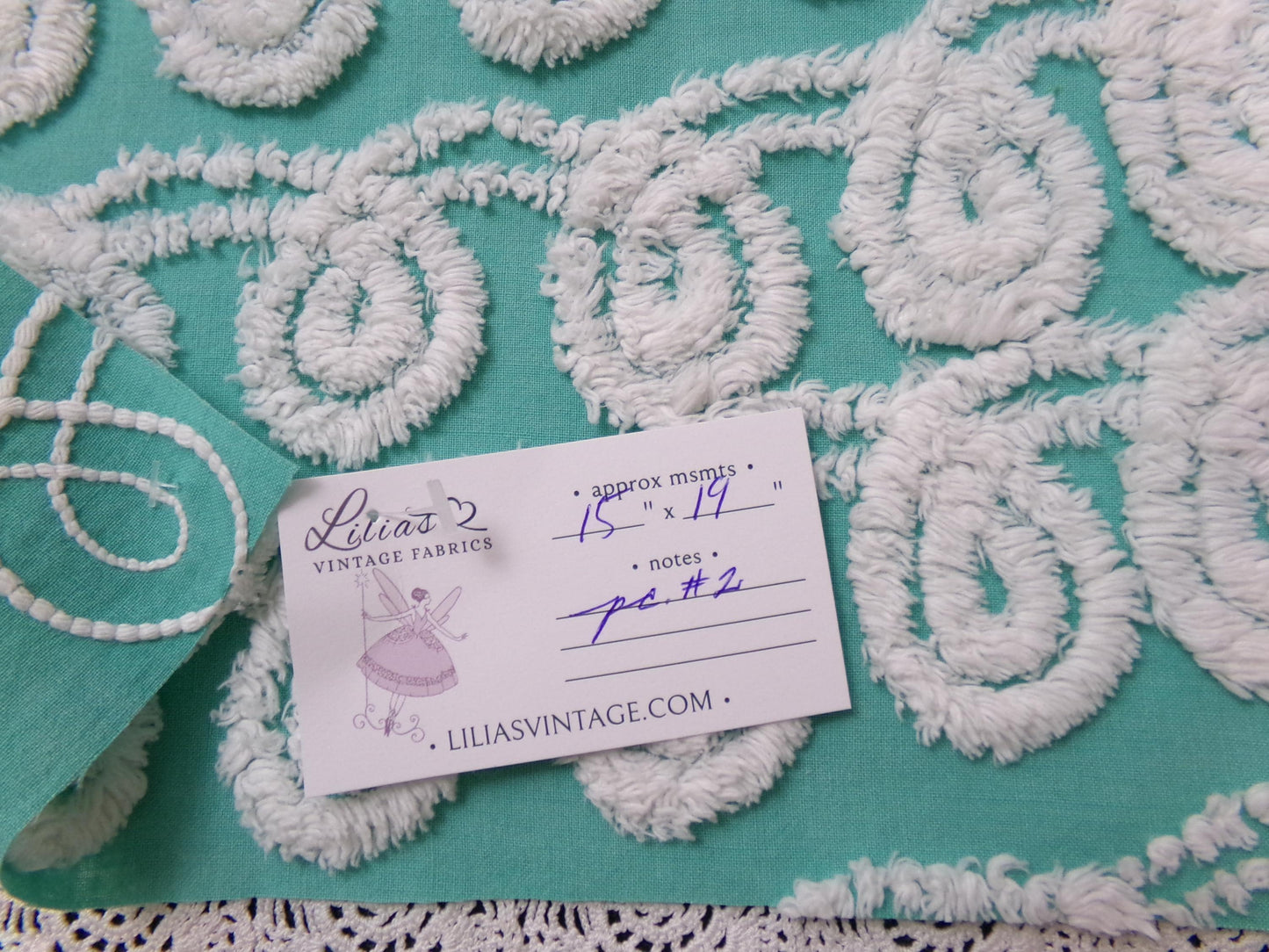 Soothing White Curly Loops Jade Vintage Chenille Bedspread Fabric 15" x 19" Piece