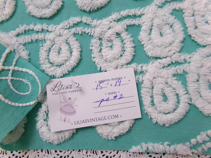 Soothing White Curly Loops Jade Vintage Chenille Bedspread Fabric 15" x 19" Piece