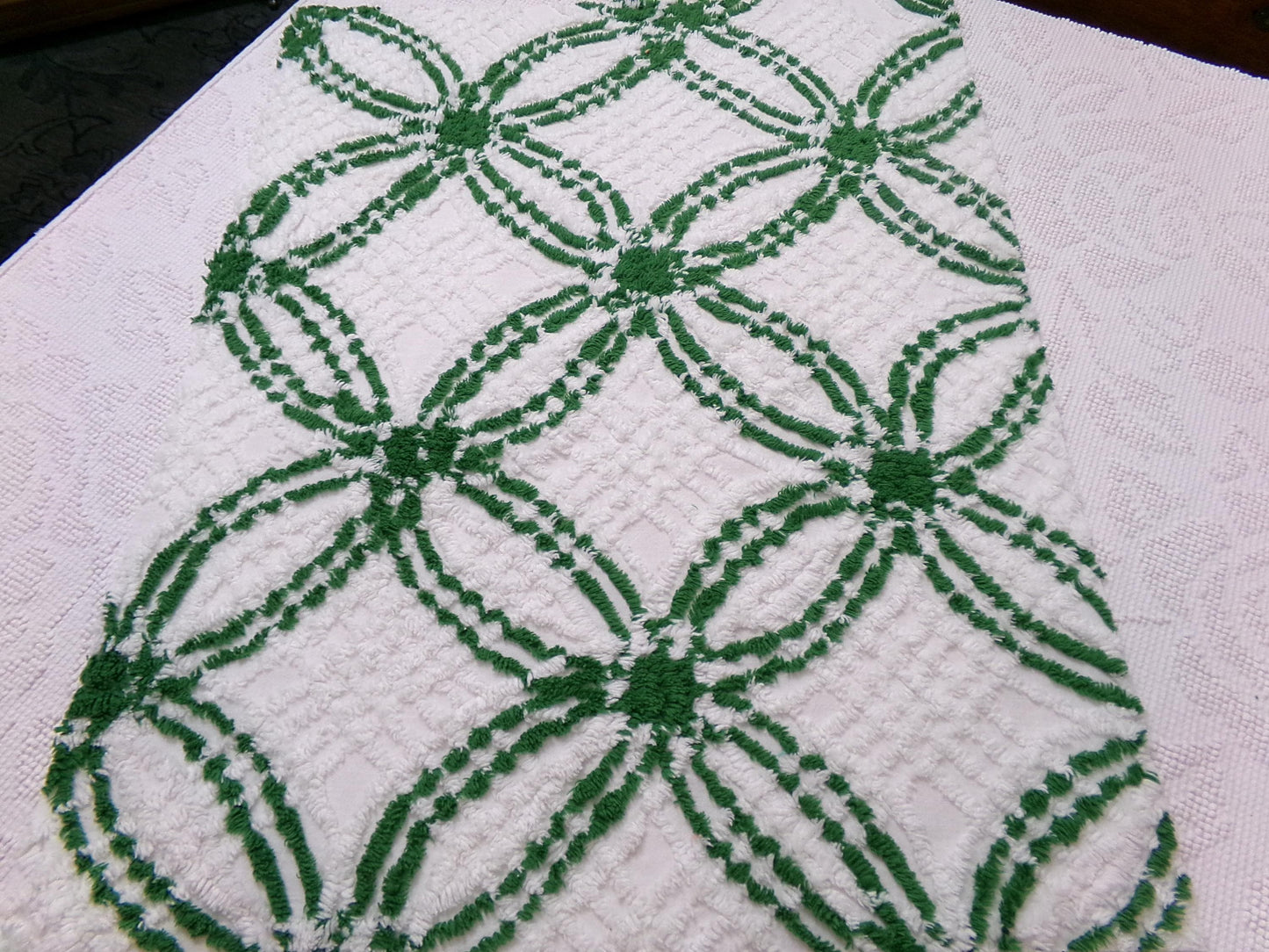 Vintage Green White Chenille Fabric Piece, Interlocking Geometric 18x24" Quilt Material