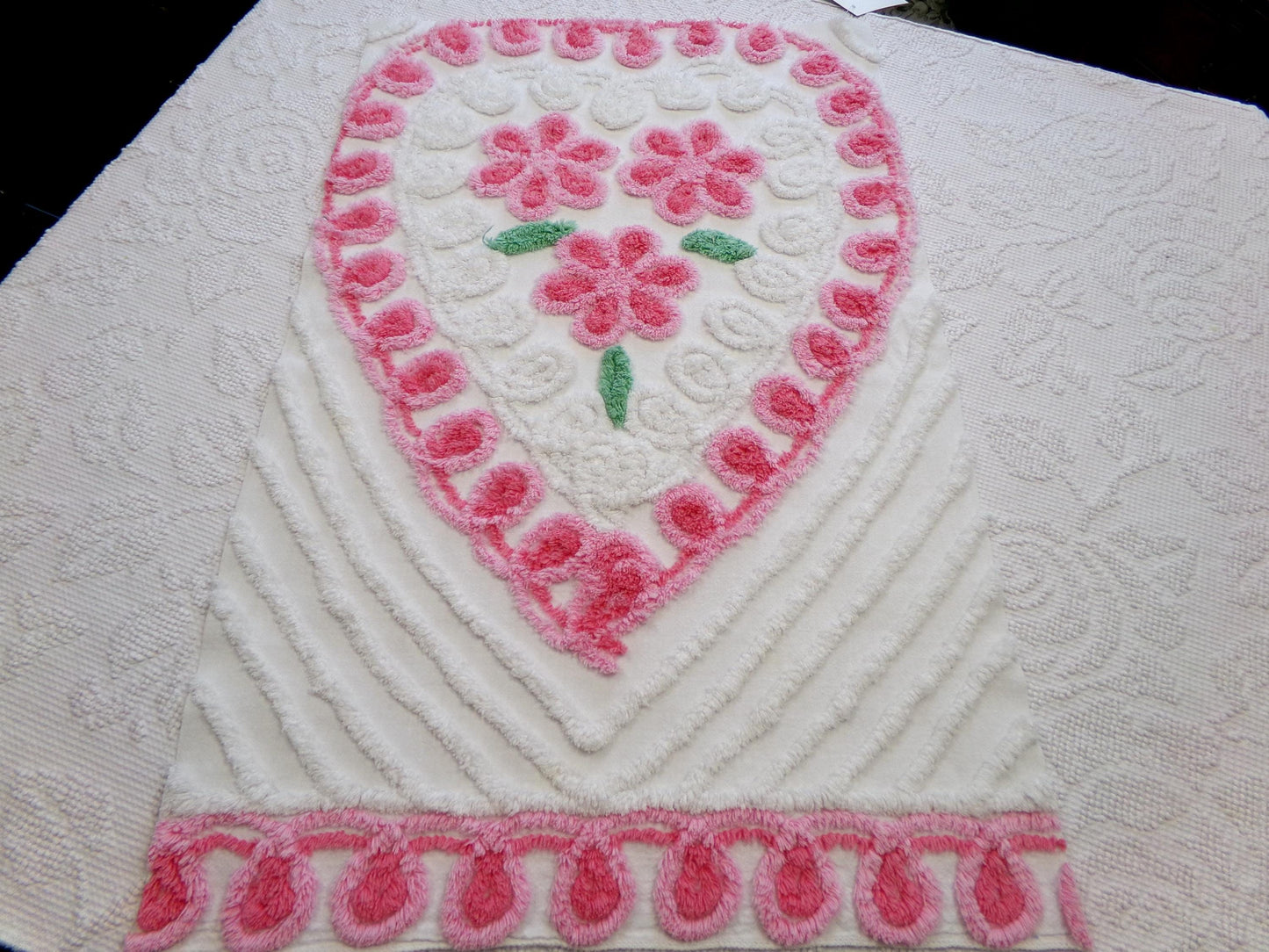 big pink heart vintage chenille fabric, popular floral center pattern, 16" x 26" piece of sewing material for quilting, crafts