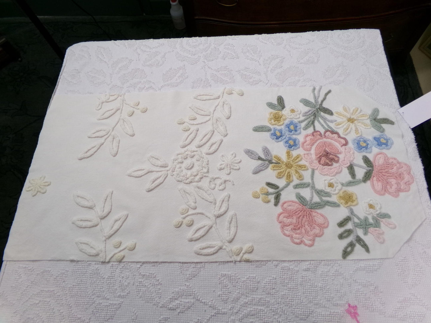 Rose Bouquet Vintage Chenille Bedspread Fabric, Cottage Style Sewing & Quilt Material, 15" x 28"