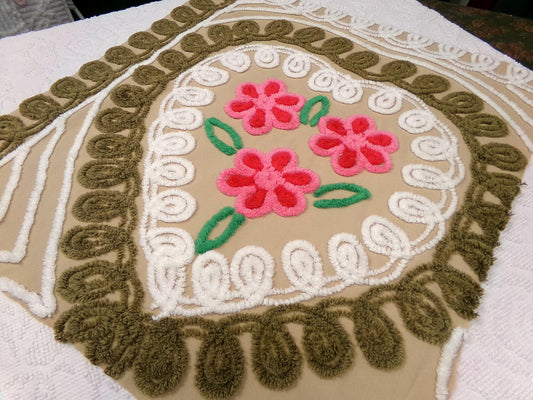 Vintage Chenille Bedspread Fabric Piece, Mocha Chocolate Cherry Floral, 24" x 23"