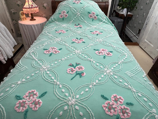 Vintage Jade Green Chenille Bedspread, Pink Rose Floral, Twin Size Shabby Chic Coverlet
