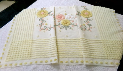cottage floral vintage chenille fabric, buttercup yellow quilt sewing material, large 20" x 40" piece
