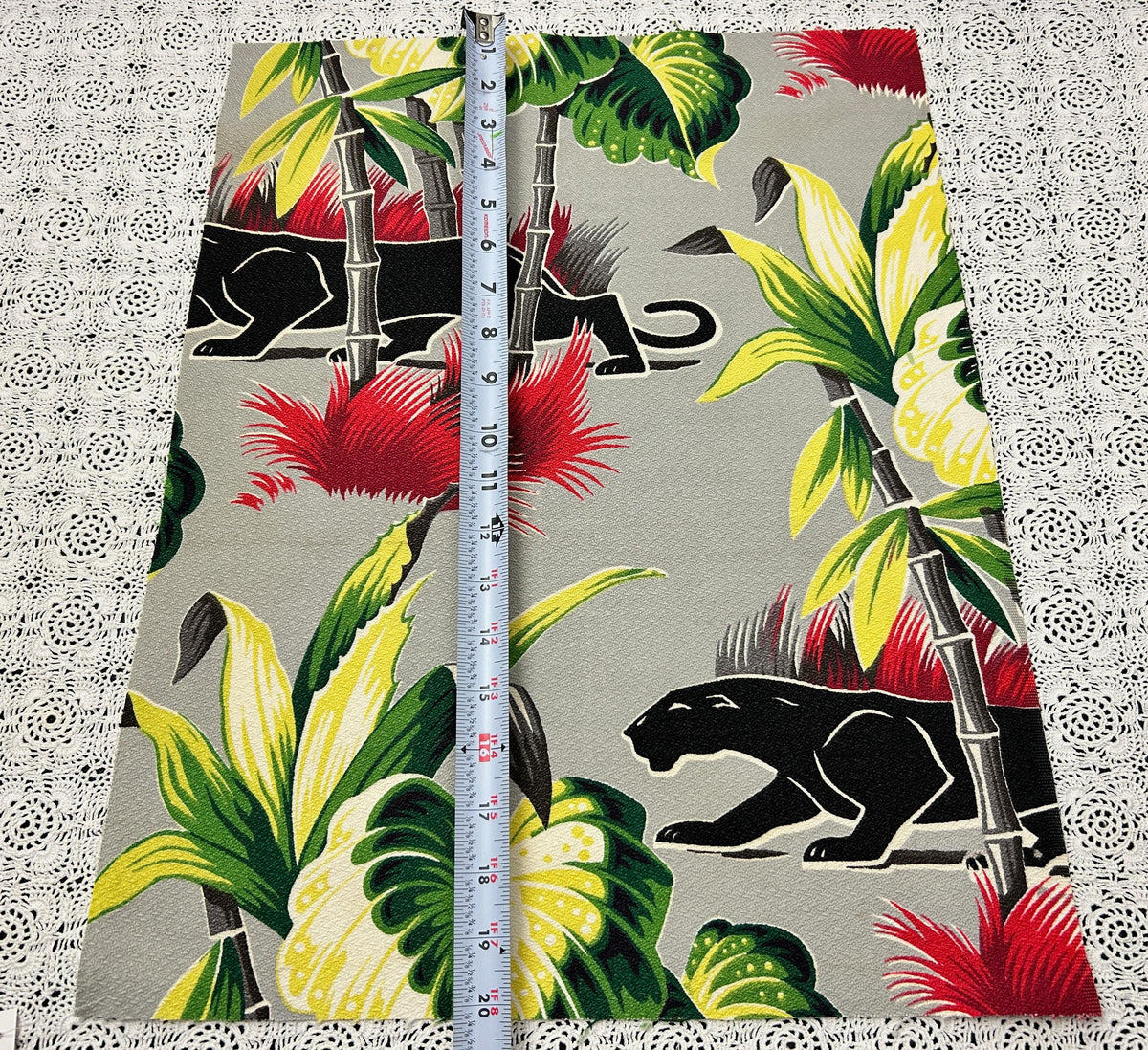 Vintage Barkcloth Fabric – Black Panther Tropical Print, Gray, 15x19 in Cut Piece