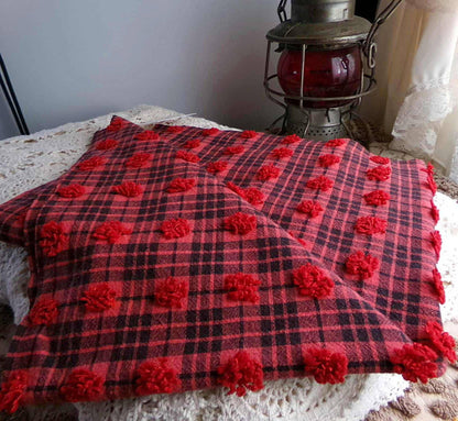 Midnight Black Tartan Plaid Vintage Chenille Bedspread Fabric, Tufted Deep Red Dots, 18" x 24" inch Piece, Lightweight Quilt Material