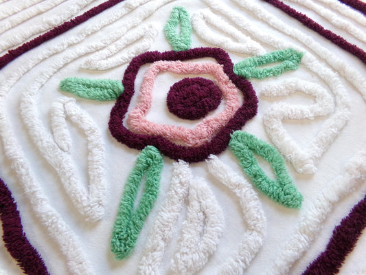 Rose Mauve Vintage Chenille Fabric, 19" x 23" Piece of Radiating Swirl White Cotton Sewing Material Upcycle into Pillows, Quilts