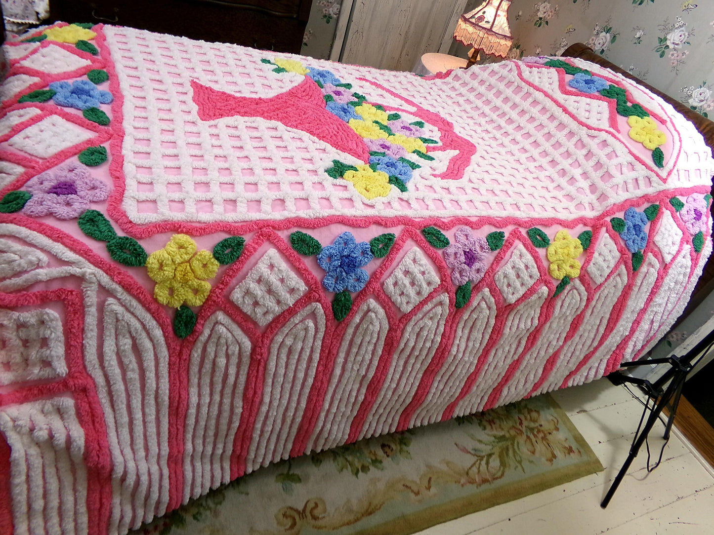 plush cupcake frosting vintage chenille bedspread, pink flower basket w/ cathedral stripes, girly cottage full size luxury cotton bedding