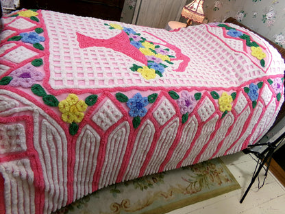 plush cupcake frosting vintage chenille bedspread, pink flower basket w/ cathedral stripes, girly cottage full size luxury cotton bedding
