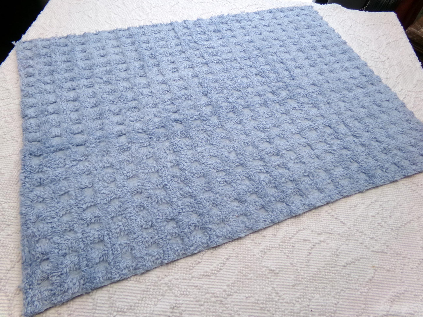 Blue Windowpane Vintage Chenille Fabric, tufted geometric square design, sewing craft quilt material, 18" x 25" piece