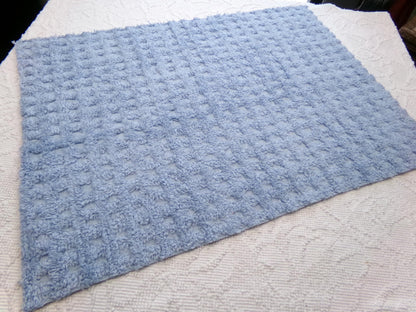 Blue Windowpane Vintage Chenille Fabric, tufted geometric square design, sewing craft quilt material, 18" x 25" piece