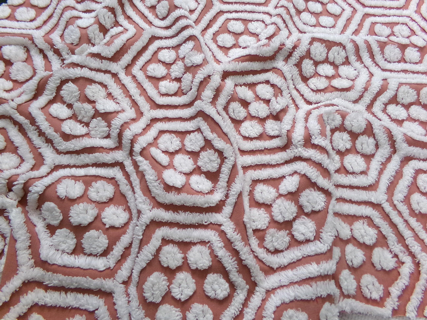 boho vintage chenille fabric, white tufted terracotta geometric design, 18" x 24" quilt material