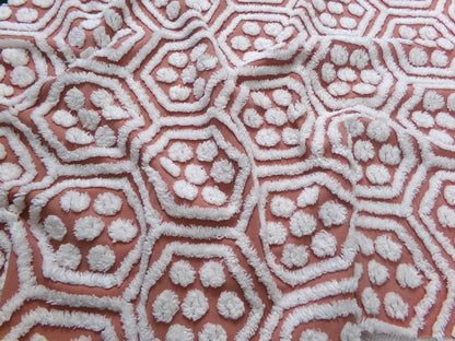 boho vintage chenille fabric, white tufted terracotta geometric design, 18" x 24" quilt material