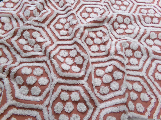 boho vintage chenille fabric, white tufted terracotta geometric design, 18" x 24" quilt material