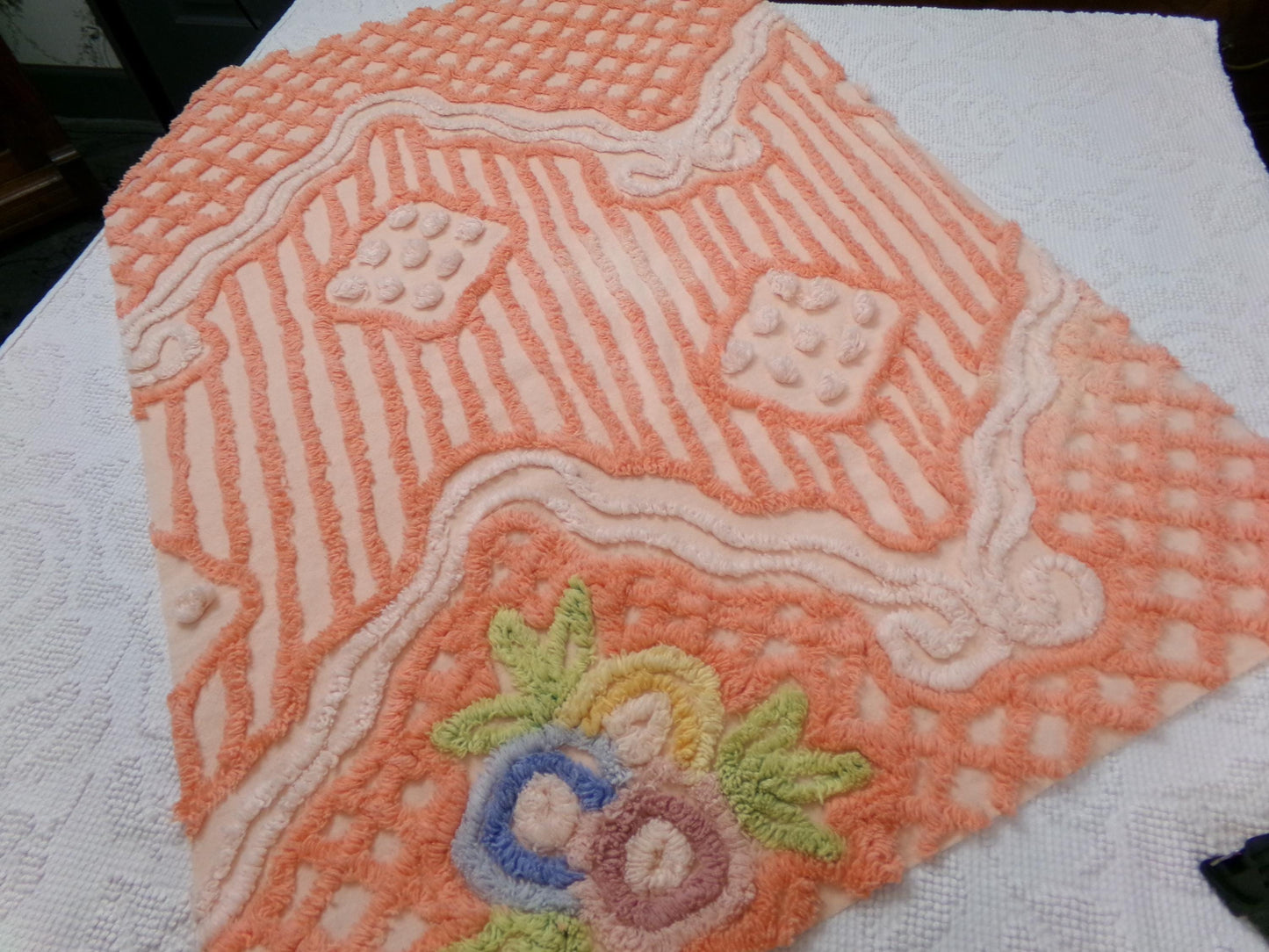 Vintage Cotton Chenille Fabric Peach Mixed Lattice Swag Floral 22x30 Shabby Chic Craft