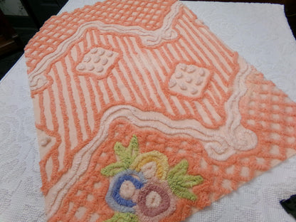 Vintage Cotton Chenille Fabric Peach Mixed Lattice Swag Floral 22x30 Shabby Chic Craft