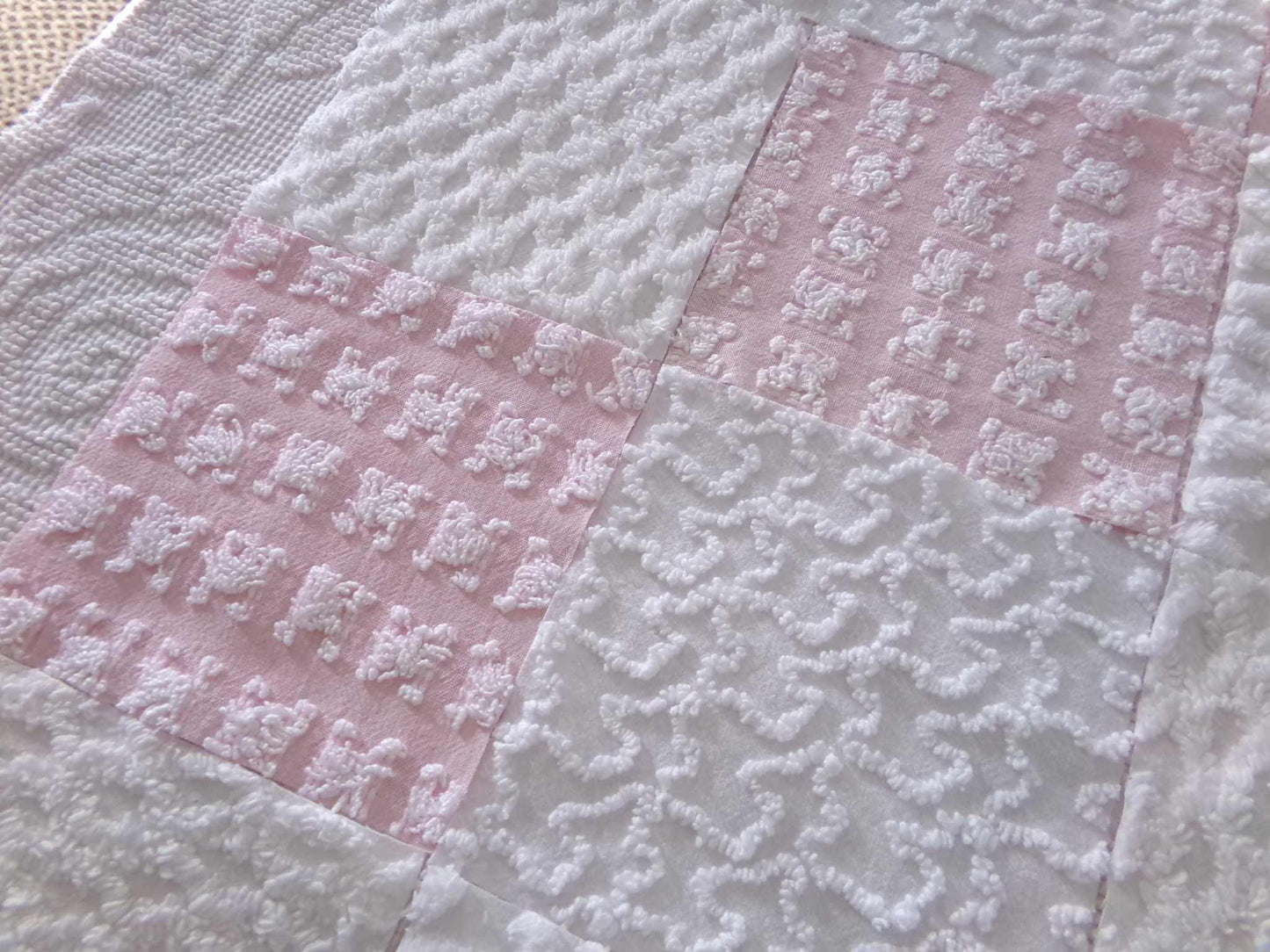angelic vintage chenille fabric squares, set of 16 quilt blocks 6" each pink & white