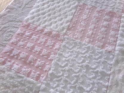 angelic vintage chenille fabric squares, set of 16 quilt blocks 6" each pink & white