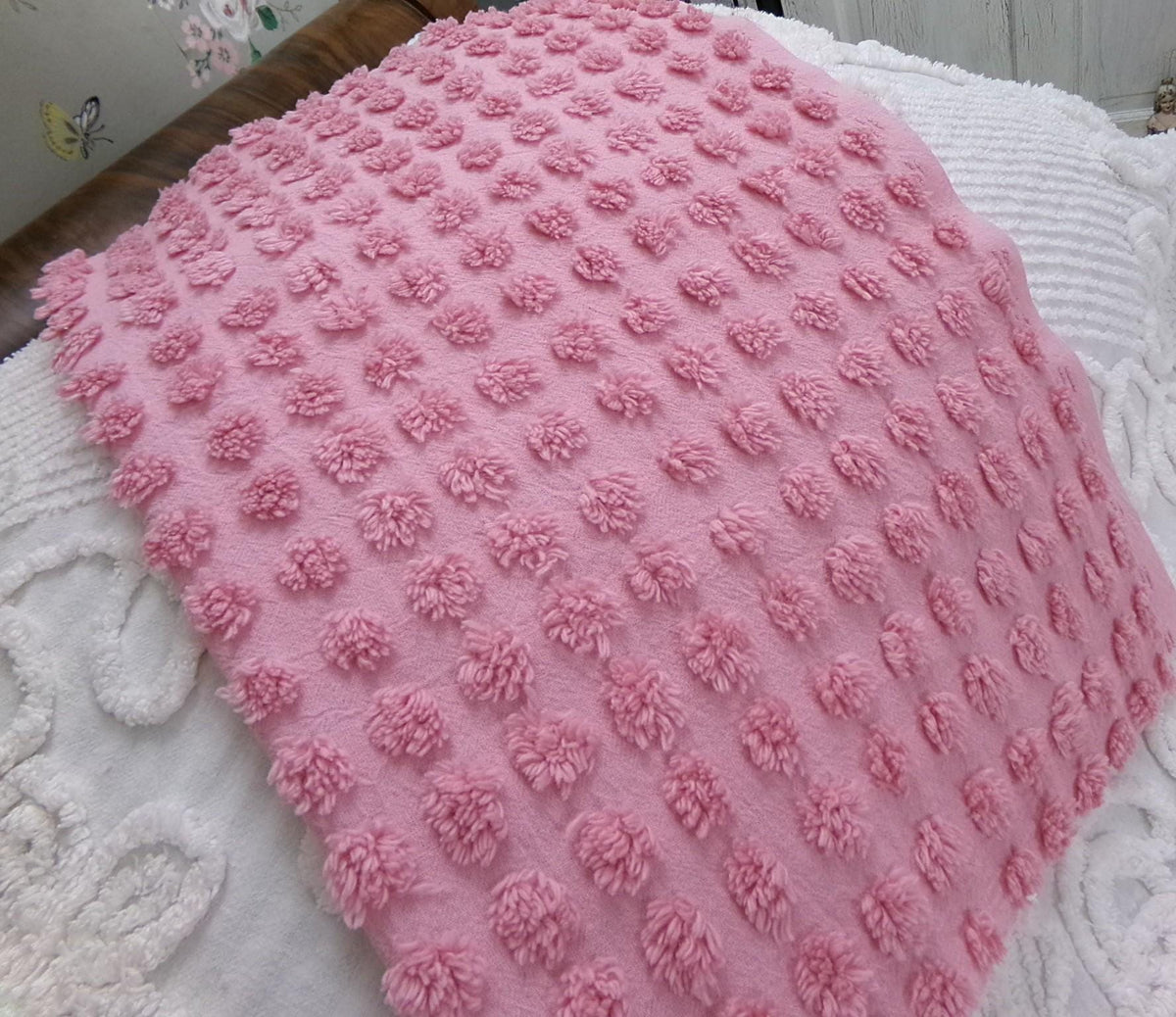 Pink Puffer Pops Vintage Chenille Fabric, Windswept Bobble Tufts, 18x24"