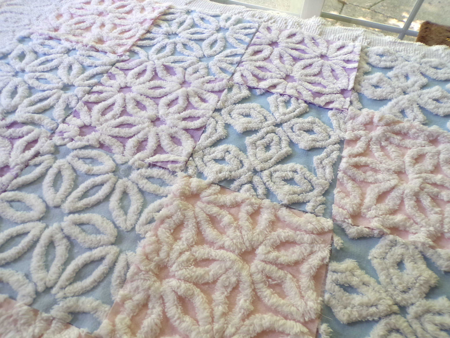 fluffy pastel vintage chenille fabric squares in pink, blue & lilac white, set of 16 quilt blocks, 6" x 6" inches each for quilting, crafts