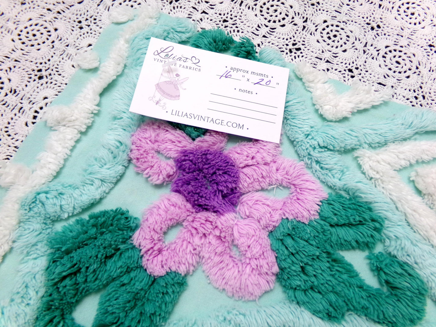 Breezy Fresh Aqua Vintage Chenille Fabric Cathedral Stripe Floral 16x20" Shabby Chic