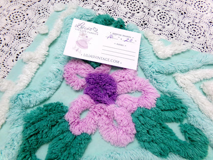 Breezy Fresh Aqua Vintage Chenille Fabric Cathedral Stripe Floral 16x20" Shabby Chic
