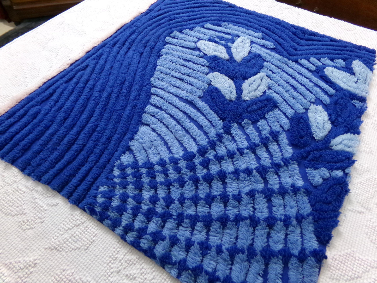 celestial blue vintage chenille bedspread fabric, plush abstract deco tufting, 22" x 20" piece