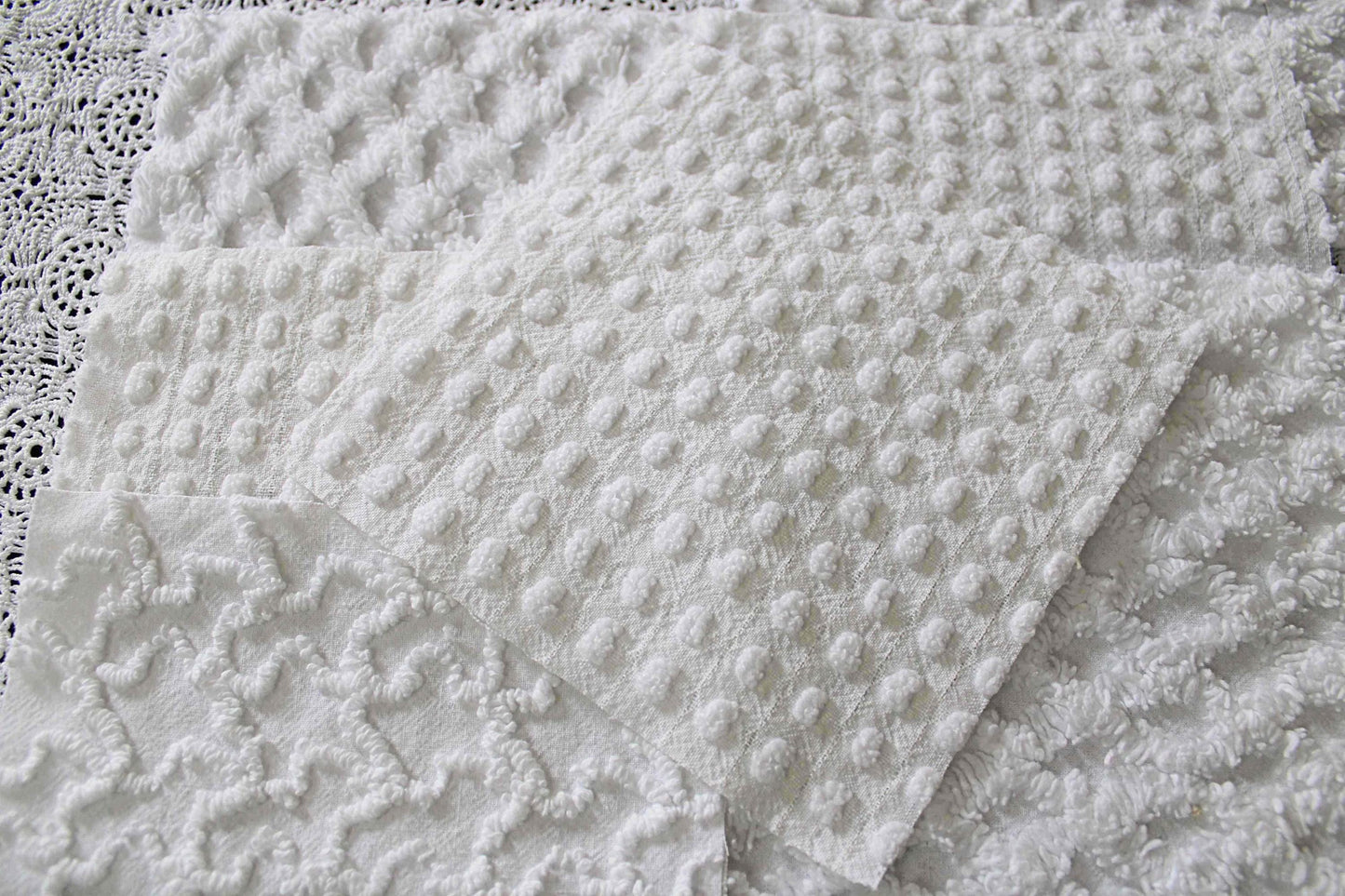 white chenille fabric squares in great textures, coin dots, lattice, mini pop sparkle & squiggles, 16 vintage quilt blocks, 6" x 6" ea