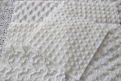 white chenille fabric squares in great textures, coin dots, lattice, mini pop sparkle & squiggles, 16 vintage quilt blocks, 6" x 6" ea