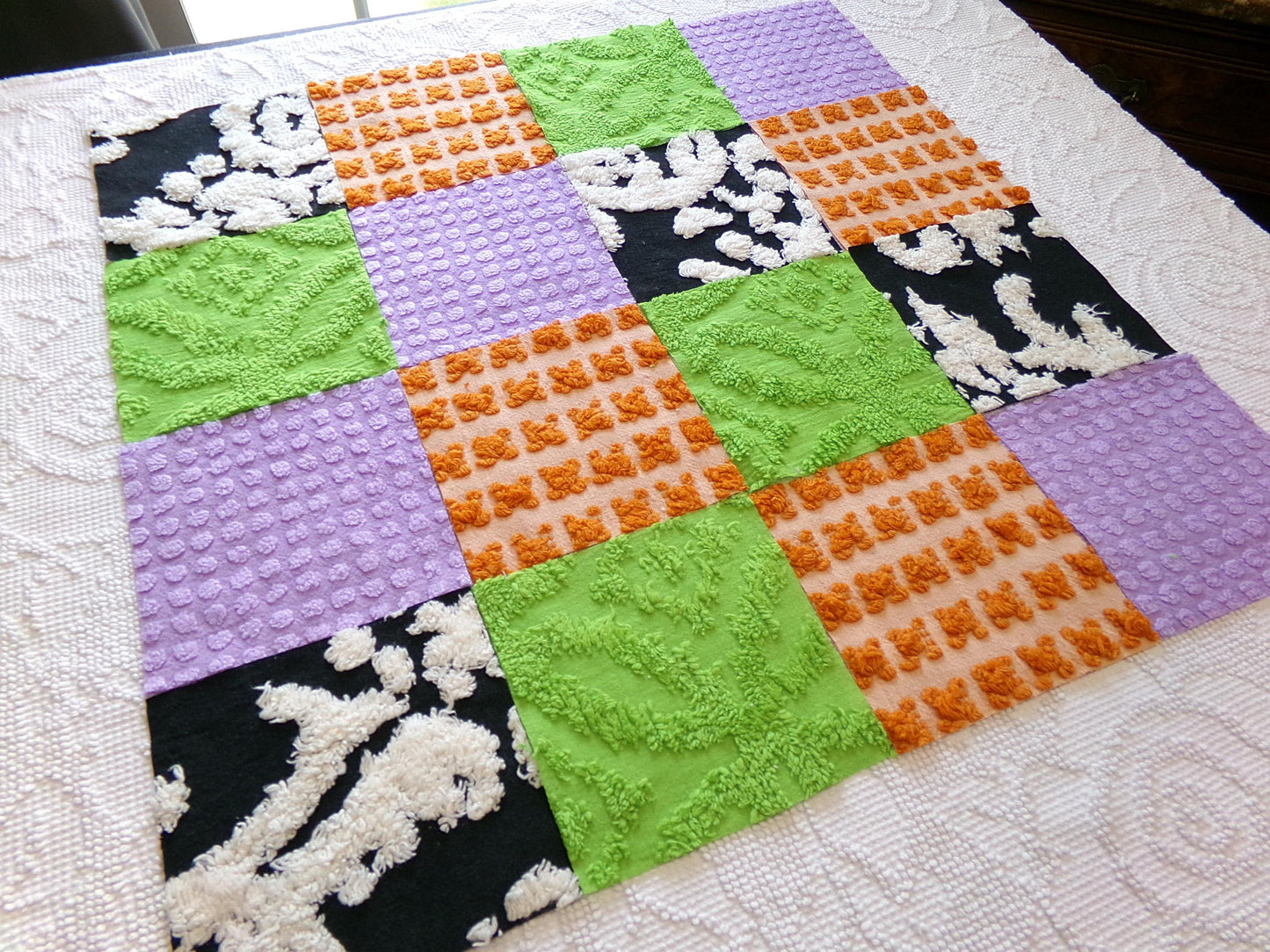 boho witchy vintage chenille fabric squares, set of 16 spellbinding 6" blocks for crafts, sewing in orange, black, green & lavender