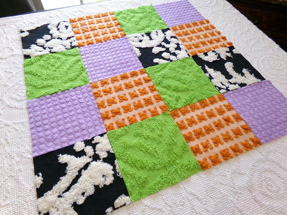 boho witchy vintage chenille fabric squares, set of 16 spellbinding 6" blocks for crafts, sewing in orange, black, green & lavender