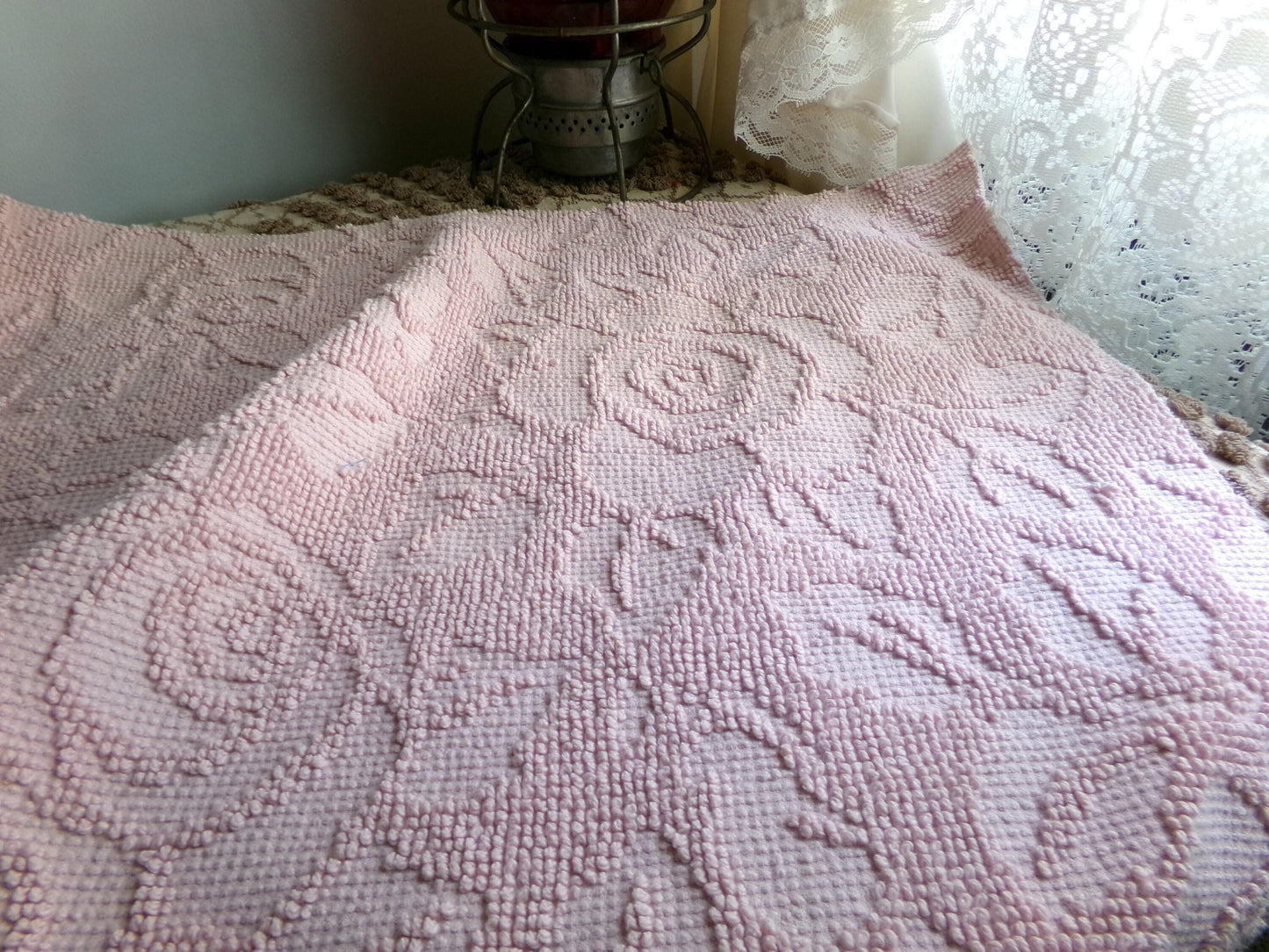 Rose Mist Vintage Woven Chenille Fabric, 24" x 20" Inch Reversible Piece, 100% Cotton, Hobnail Imperial Roses Pattern, Ideal in Quilts