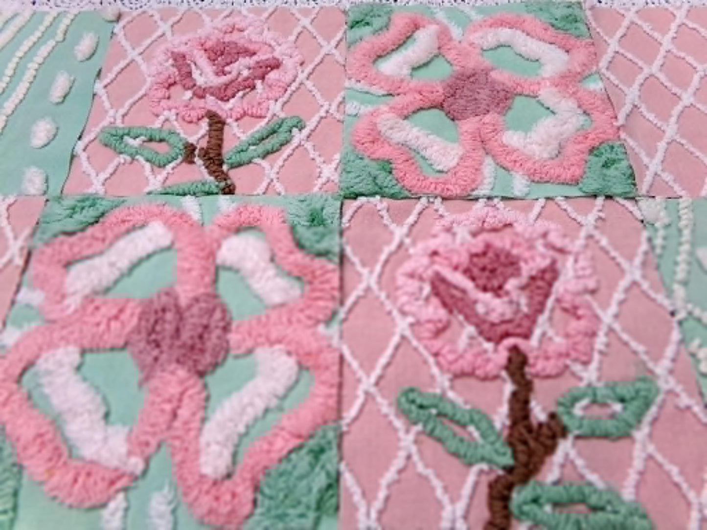 fresh cut roses vintage chenille fabric squares, set of 16 pink green quilt blocks 6" ea