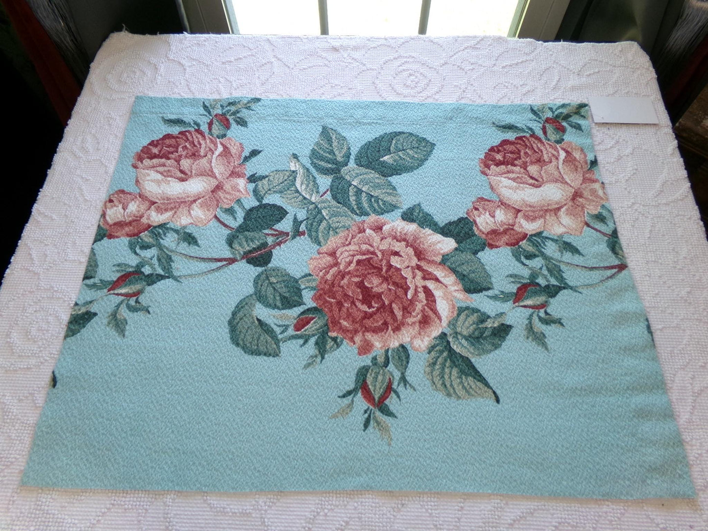 most beautiful vintage barkcloth fabric in realistic rose bloom print, 18" x 25" inch piece from a deconstructed curtain panel