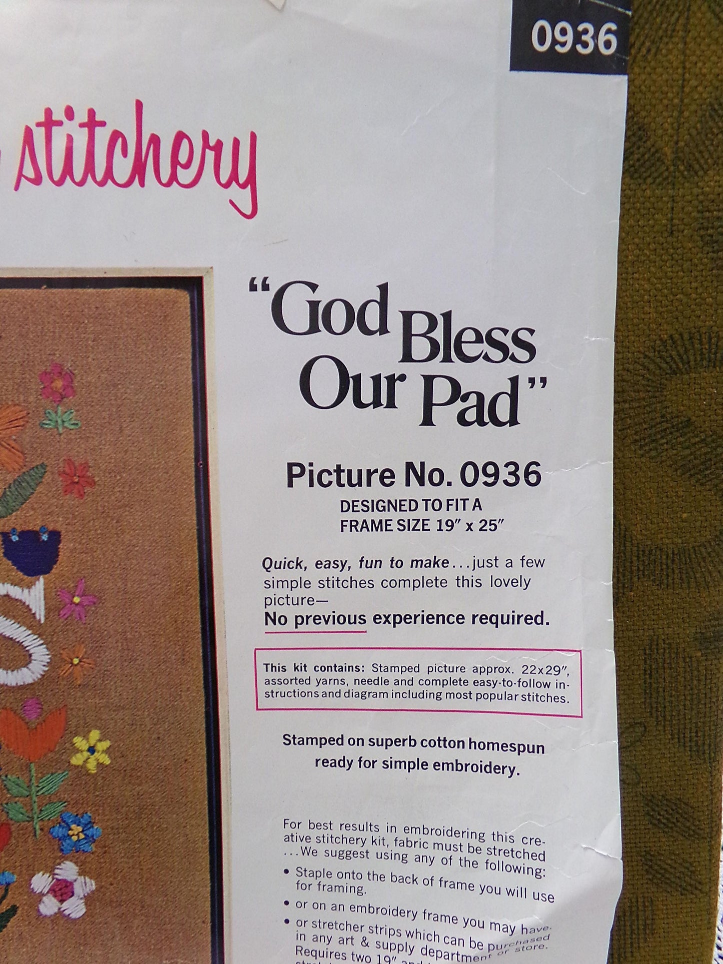 GOD BLESS Our PAD Crewel Embroidery Kit, Vintage Paragon Needlecraft 0936, Retro Boho Wall Art
